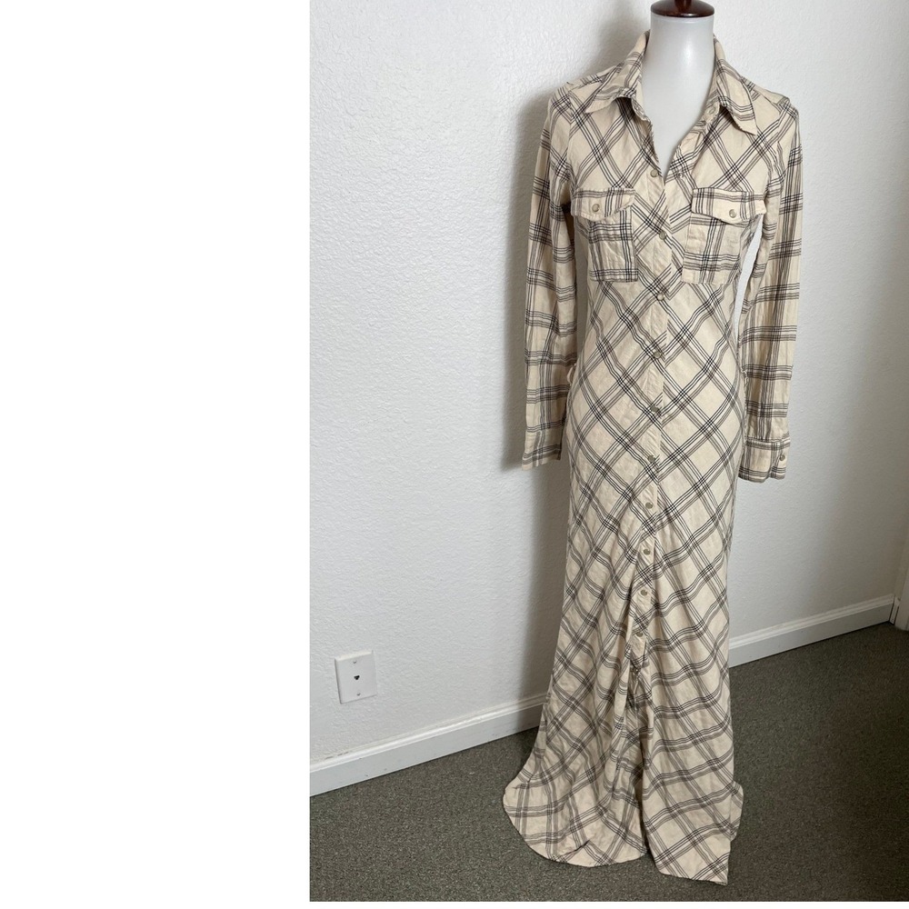 Zara Plaid Maxi Shirt Dress Women M Cowgirl Western Academia Flannel Neutral